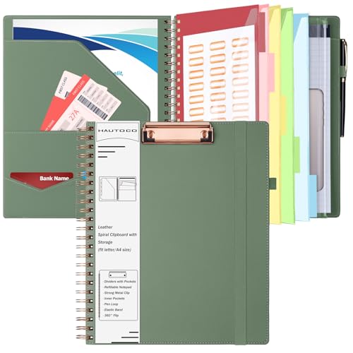 HAUTOCO Spiral Leather Clipboard Folio with Notepad (8.5 x 11''), 5 Folders with 10 Pockets, Storage Zipper Pouch, Pen Loop, 39 Stickers, Padfolio Organizer for Work School, Olive Green - color: Olive Green