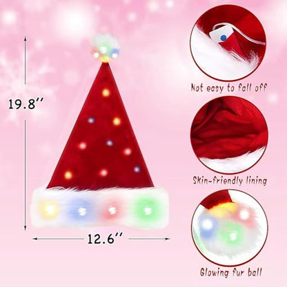 Christmas Hat for Adults/Kids/Baby, Santa Hats Unisex, Red Velvet Thicken Holiday Xmas Hat for Festive New Year Party - color: Red - Led Light