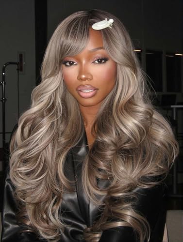 WIGER Long Brown Mixed Blonde Curly Wig With Bangs, Ombre Brown Highlight Blonde Synthetic Wigs, Layered Romantic Wavy Hair for Women Daily Party Use - color: Brown Mixed Blonde