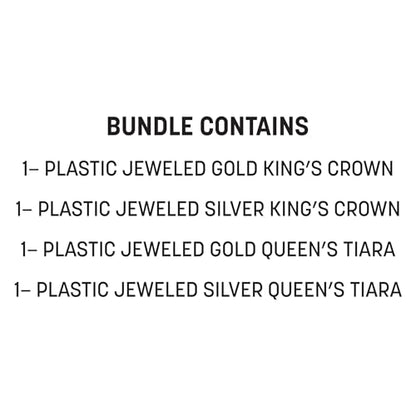 Beistle Jeweled King and Queen Crown Set – Gold and Silver Adjustable Plastic Crowns and Tiaras with Gem Accents, Royal Costume Accessories for Pageants, Plays, Proms, Parties and Themed Celebrations