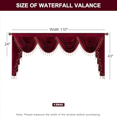 Extra Wide Burgundy Velvet Waterfall Valance, 110 x 43, 1 Panel | Soft Velvet Fabric, Beaded Tassel Trim, Creates Graceful Folds Layered look, Designed For Large Windows, Rod Pocket Top - color: Burgundy, size: 110"W x 43"L (Pack of 1)