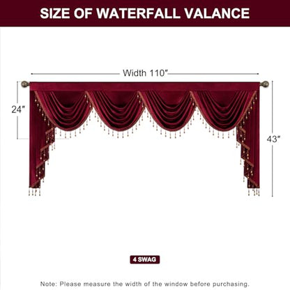 Extra Wide Burgundy Velvet Waterfall Valance, 110 x 43, 1 Panel | Soft Velvet Fabric, Beaded Tassel Trim, Creates Graceful Folds Layered look, Designed For Large Windows, Rod Pocket Top - color: Burgundy, size: 110"W x 43"L (Pack of 1)