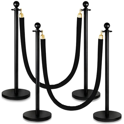 4 Pack Stanchions Post with Velvet Rope, Heavy Duty Metal Posts with Weighted Base, Crowd Control Barriers & Poles for Red Carpet, Movie Theater, Event, Party Supplies (Black) - size: 4 Pack