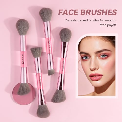 MAANGE 13 Pcs Foundation Makeup Brush Set With Bag, Make up Brushes, Double-End Multi Functional Makeup Brushes, Professional Face Brush Set Tools For Liquid Powder Concealer Cream Blush (Pink) - color: Pink