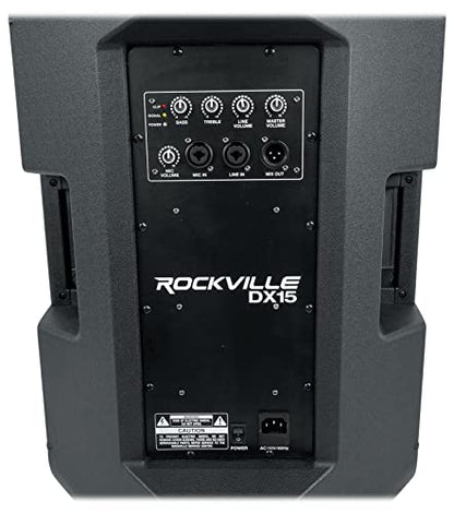 Rockville DX15 2000W 15” Powered PA Speaker, 2-Channel Mixer, XLR & 1/4” Inputs, Dual-Angle Pole Mount, Stage Monitor Angle, Perfect for Live Sound, Events, Venues & DJs | 2000W Peak/500W RMS, 1000W Program, XLR/1/4" Mic and Line Inputs, XLR Output, Built
