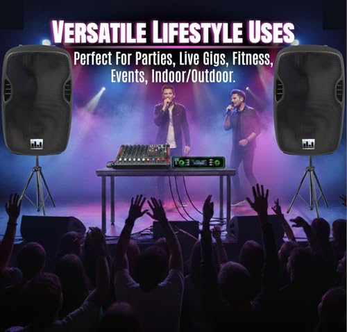 Pa System with Wireless Microphone and Speakers 15 ", 2000W Built-in amp | 6-channel audio mixer, Wireless Dual UHF mic, Tripod Stands and Complete PA kit for DJs, parties and events - size: 15 inch