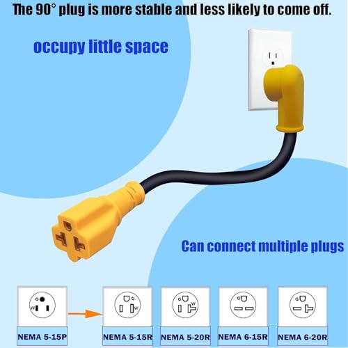 12AWG Heavy-Duty 1Ft 4-in-1 Flat Right-Angle AC Plug Adapter | 15-Amp Household to 20-Amp T-Plug Power Extension Cable,NEMA 5-15P to 5-20R/6-15R/6-20R,15A 125V to 20A 250V Extension Cable - size: 1FT extension cord