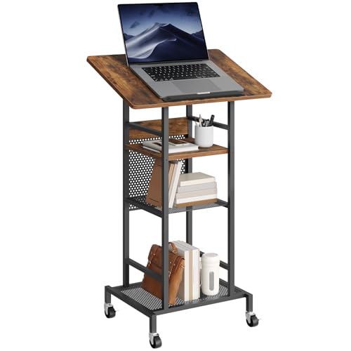 MAHANCRIS Podium Stand with Locking Wheels, 4-Tier Mobile Lectern with Storage Shelves and Non-Slip Lip, for Classroom, Church, Conference Standing Desk, Rustic Brown and Black LPHR6001 - color: Rustic Brown and Black