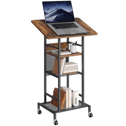 MAHANCRIS Podium Stand with Locking Wheels, 4-Tier Mobile Lectern with Storage Shelves and Non-Slip Lip, for Classroom, Church, Conference Standing Desk, Rustic Brown and Black LPHR6001 - color: Rustic Brown and Black