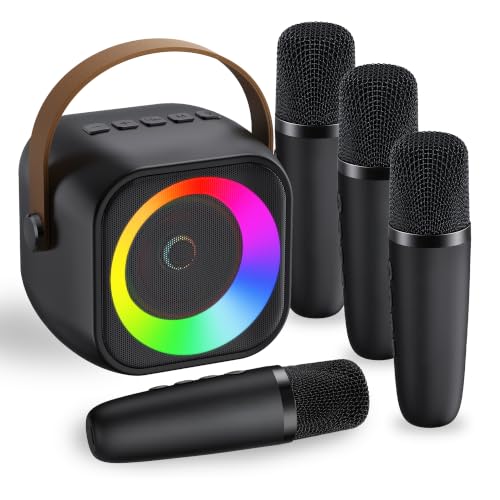 Mini Karaoke Machine for Kids Adults：Portable Bluetooth Karaoke Speaker with 2 Wireless Microphones and Lights for Home Party, Christmas Birthday Gifts for 4-12+ Years Old Girls Boys（Dark） | 360° Surround Sound,5 Voice Effects,Bluetooth 5.0,LED Lights, TF