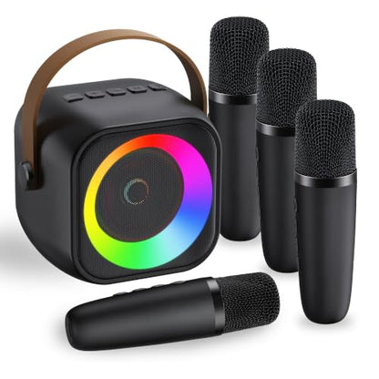 Mini Karaoke Machine for Kids Adults：Portable Bluetooth Karaoke Speaker with 2 Wireless Microphones and Lights for Home Party, Christmas Birthday Gifts for 4-12+ Years Old Girls Boys（Dark） | 360° Surround Sound,5 Voice Effects,Bluetooth 5.0,LED Lights, TF