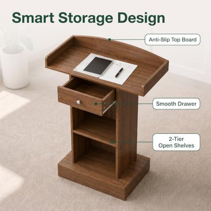 Teacher Podium Stand Lectern Wooden Drawer Lectern Podium 42in Height Wooden Storage Drawer Brown for Classroom Office Reception School Seminar Floor Standing(Brown)