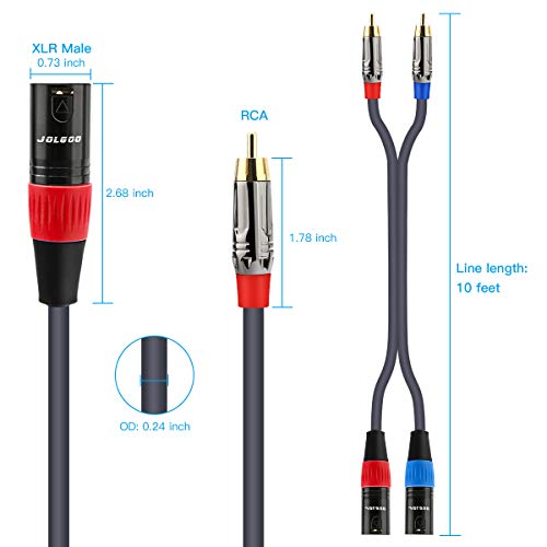 JOLGOO RCA to XLR Cable - Dual RCA/XLR Male HiFi Audio Cable, 10 Feet, 4N OFC Wire, for Amplifier, Mixer, Microphone - size: 10 Feet, style: Dual RCA Male to Dual XLR Male