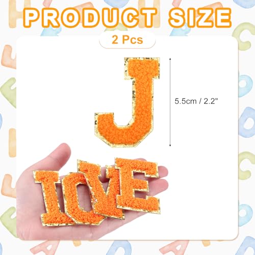 MECCANIXITY Chenille Letter Patches 2.2" Self Adhesive Alphabet J Stick on Embroidered Patch Sew on Letter Stickers Applique for Repairing Clothing Jeans Shoes Hats DIY(Orange, Pack of 2) - style: Letter-J