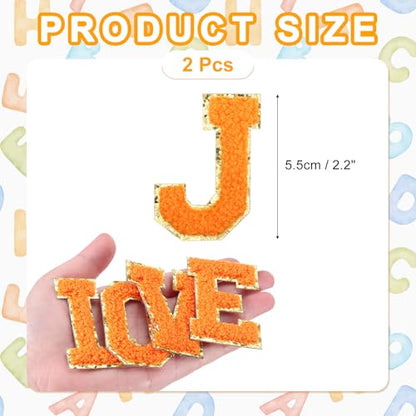 MECCANIXITY Chenille Letter Patches 2.2" Self Adhesive Alphabet J Stick on Embroidered Patch Sew on Letter Stickers Applique for Repairing Clothing Jeans Shoes Hats DIY(Orange, Pack of 2) - style: Letter-J