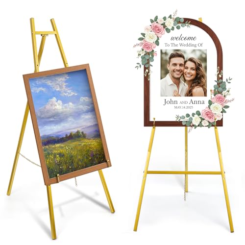 WRINGKIT Gold Easel Stand for Sign, Heavy Duty Art Easel with 4 Tier | Metal Adjustable Display Stand, 42.5'' Height Large Floor Standing Easel for Painting, Poster, Mirror, Welcome Wedding Signs