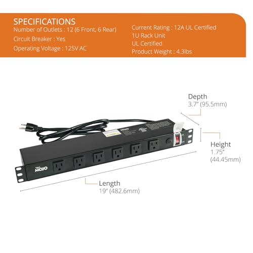 Tecmojo 1U Rackmount Network-Grade PDU, 12 Wide-Spaced Right Angle Outlets, Circuit Breaker 12A (UL Certified 12A) 6ft Cord w/ 5-15P Plug, Black - size: 12 Outlets/12A/Overloading Protection
