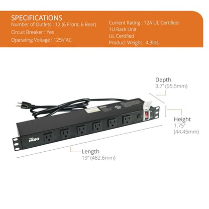 Tecmojo 1U Rackmount Network-Grade PDU, 12 Wide-Spaced Right Angle Outlets, Circuit Breaker 12A (UL Certified 12A) 6ft Cord w/ 5-15P Plug, Black - size: 12 Outlets/12A/Overloading Protection