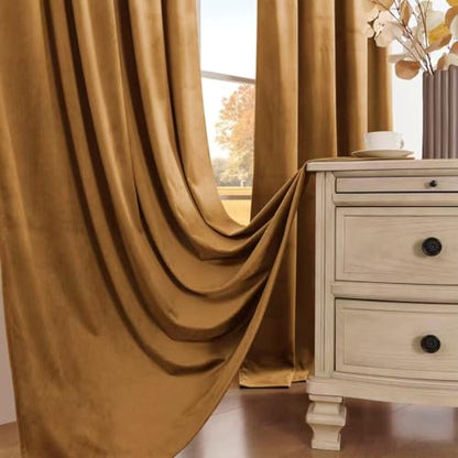 Timeper Gold Brown Velvet Curtains W62 x L84 inches 2 Panels, Light Blocking Curtains for Bedroom Living Room Thermal Insulated Luxury Super Soft Window Drapes,Back Tab & Rod Pocket - color: Gold Brown, size: 62"W x 84"L (Pack of 2)