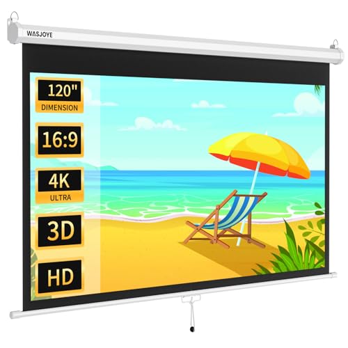 120'' Projector Screen Manual Pull Down with Auto Locking - 16:9 HD 4K 3D | Retractable Projection Screen 4K Projector Screen Anti-Crease for Home Theater Cinema Office Education Presentation - size: 120 Inch