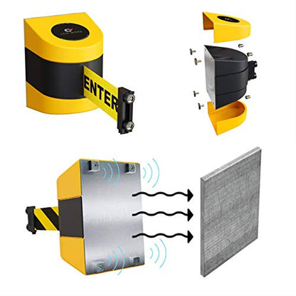 Crowd Control Warehouse Magnetic Wall Mount Retractable Belt Barrier, 30 Ft | Cleaning in Progress Yellow Belt with Black Letters, CCW Series WMB-230, Black ABS Case, Braking System for Slow Retraction - color: CLEANING IN PROGRESS, size: 30 foot belt