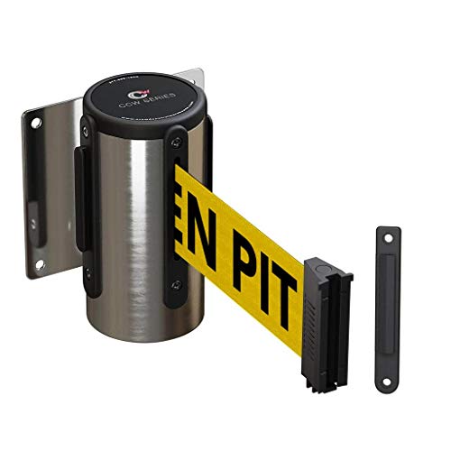 Crowd Control Warehouse WMB-120 Fixed Wall Mount Retractable Belt Barrier - color: Yellow"BEWARE OPEN PIT"