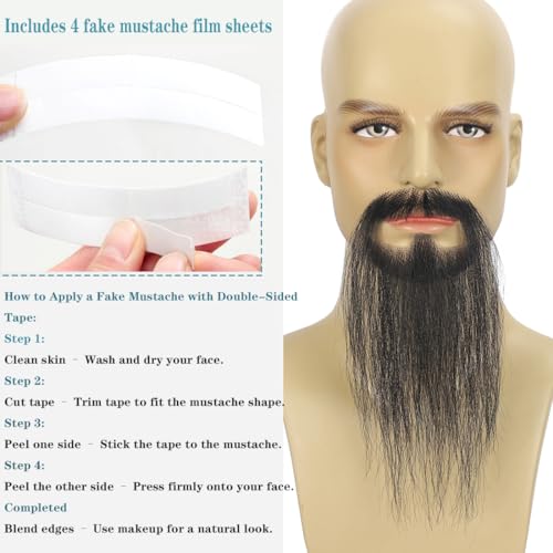 Hand-Tied Human Hair Fake Beard and Mustache for Costumes and Theater | Hand-knotted human hair on lightweight lace creates natural-looking facial hair for costumes, cosplay, theater and film - color: Style 5--black