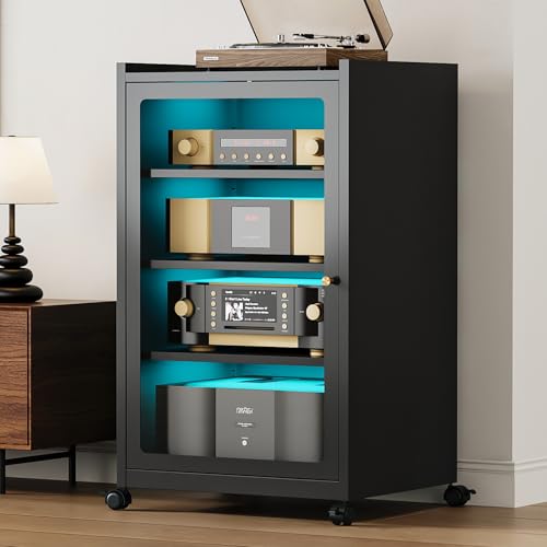 Media Cabinet with LED Lights and Glass Door, Metal Stereo Cabinet Black - color: Black