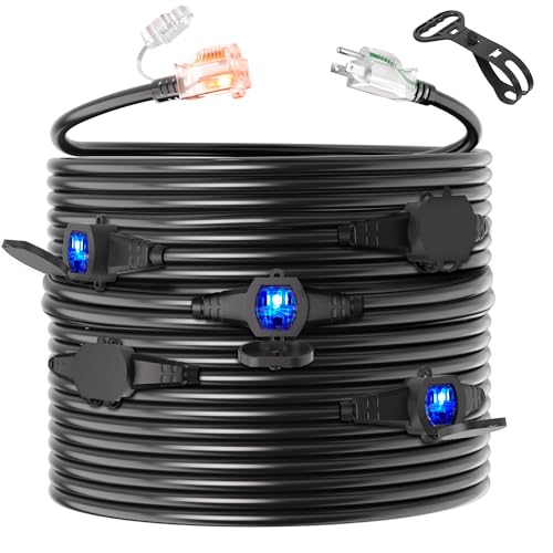Black 50FT 12 Gauge Outdoor Waterproof Extension Cord with 6 Outlets - color: 50FT 12 Gauge 6 Outlet