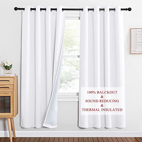 NICETOWN Noise Insulation Curtain Panels, Pair of Energy Smart & 100% Blackout Drapes for Dining Room Window, Thermal Insulated Guest Room Lined Window Dressing (Pure White, 52 x 72 inch) - color: Pure White, size: 52"W x 72"L (Pack of 2)