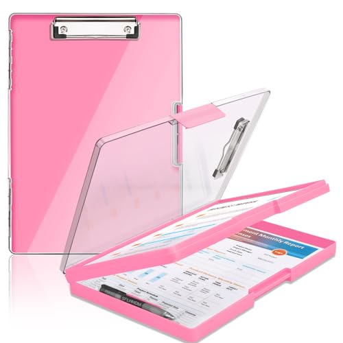 SFLHHDM Clipboard with Storage,Heavy Duty Clip Boards 8.5x11 with 2 Storage Case,Clear Visible Panel Storage Clipboards,Side Opening Nursing Clipboard Folder for Office Supplies-Pink - color: Pink