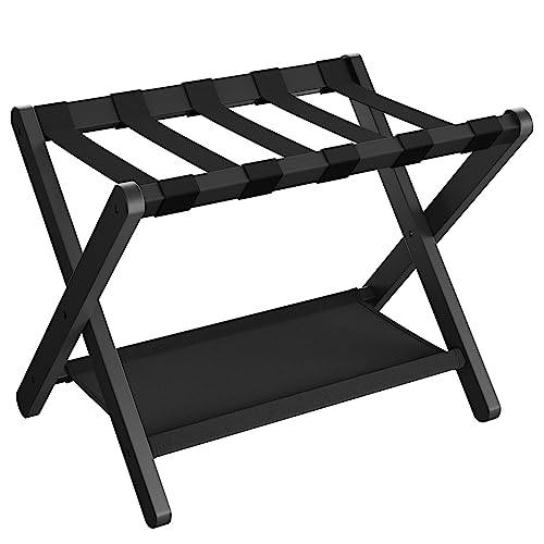 SONGMICS Bamboo Luggage Rack, Folding Suitcase Stand, with Storage Shelf - color: Classic Black, size: 1 Pack