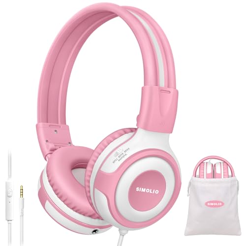 SIMOLIO Manyshare Series- Kids Headphones with Microphone for School, 75/85/94dB Volume Limit Wired Headphones for Girls Tablet iPad PC, Plug in Pink Headset w/Share Port & Carry Bag for Travel Plane - color: Pink & White
