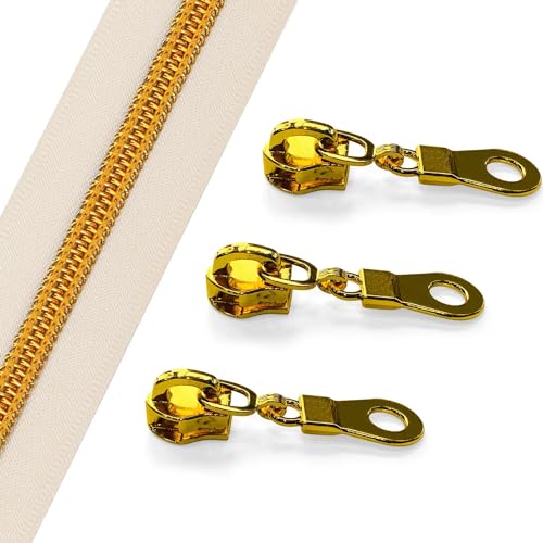 The Yards Bulk Zipper(#5), Beige Nylon Coil Zipper with Gold Teeth - 10PCS Sliders for DIY Sewing Craft Bags - color: Gold-Beige