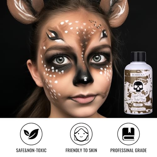 BOBISUKA Brown Face Body Paint Liquid Texture Washable Non Toxic Facepaint Fast Drying Foundation Makeup for Halloween Camo Hulk Hunting Cosplay SFX Costume Party Large Capacity(130ml) - color: Brown