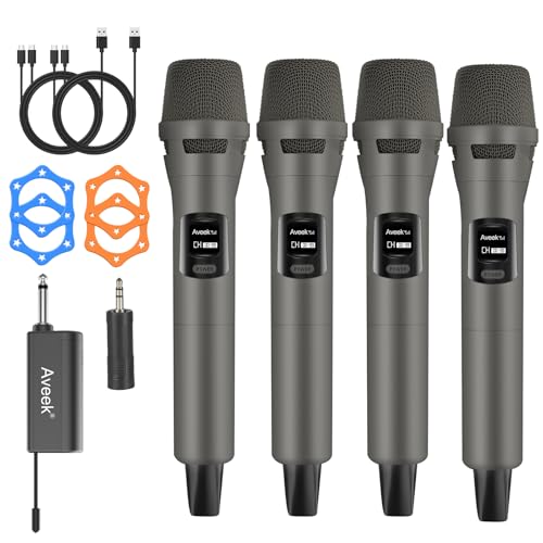 Aveek 4-Pack Wireless Microphone Set,100 ft Range,10Hs Battery for Karaoke | Rechargeable Receiver and Mics, Clear Sound, Noise Cancellation, Amps Via 6.35/3.5mm, for Church, Party, Wedding, DJ & Events - color: Brown