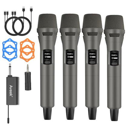 Aveek 4-Pack Wireless Microphone Set,100 ft Range,10Hs Battery for Karaoke | Rechargeable Receiver and Mics, Clear Sound, Noise Cancellation, Amps Via 6.35/3.5mm, for Church, Party, Wedding, DJ & Events - color: Brown