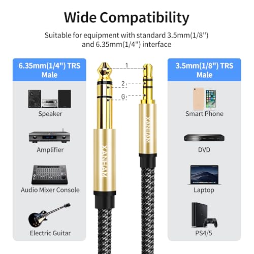 3.5mm to 1/4 Stereo Audio Cable 10 Feet /3M, 1/8" to 6.35mm 1/4" TRS Male Aux Cord Double Shielded with Braiding for Guitar, Amplifiers, PC, Home Theater, Speaker, etc. - size: 10 Feet