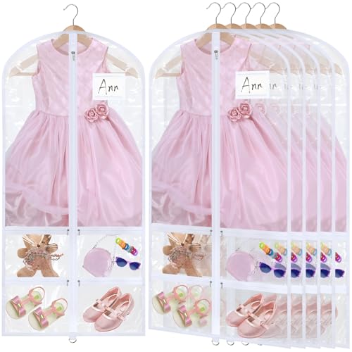 6 Pcs 24'' x 50'' Clear PVC Garment Bag Dance Costume Competition Bag with Rack Zippers Pockets Hanging Garment Covers Costume Organizer Costume Carrier for Adults Kids(Transparent White) - color: Transparent White