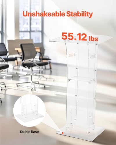VEVOR Podium Stand, 43-Inch Acrylic Lectern, Portable Laptop Desk with Wide Reading Surface and Storage Shelf, Book Stopper, Floor-Standing, for Classroom, Wedding, Conference, Lecture and Concert - style: 43" White