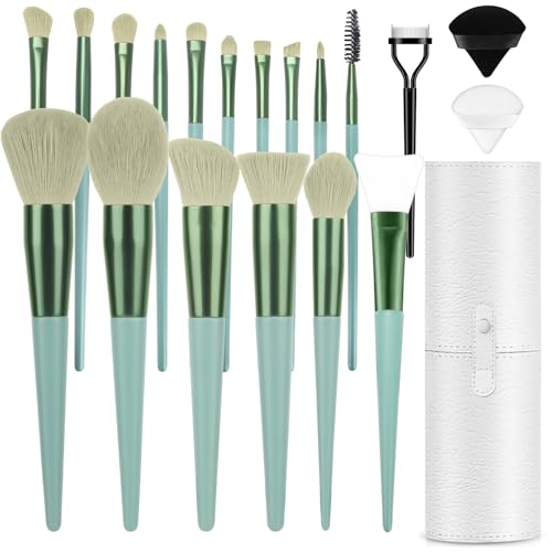Professional Makeup Brush Set, LUXBRU 20PCs Makeup Brushes with Foundation Eyebrow Blending Concealer Blush Eyeshadow Contour Powder Brush, Make Up Brushes Kit with Travel Case & 2 Powder Puff-Green - color: Dark Green