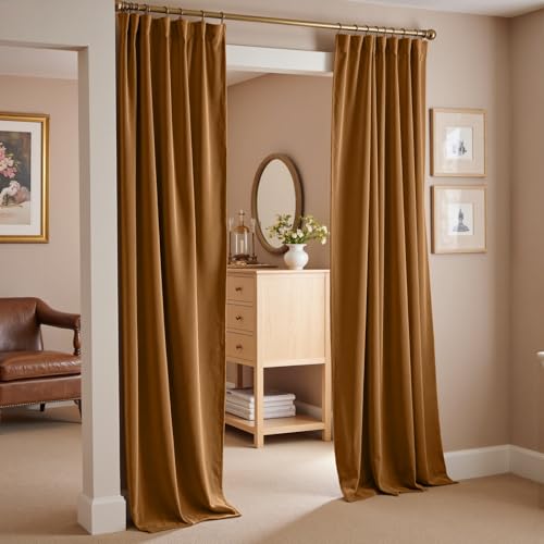 Lazzzy Extra Long Golden Brown Velvet Curtains 52×120 Inch 2 Panels | Soft Velvet, For Tall Windows & High Ceilings, Light Shifting Texture, Elegant Luxury Drape, Rich, Rod Pocket - color: R | Gold Brown, size: 52"W x 120"L (Pack of 2)