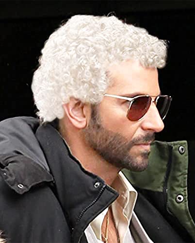 Swiking Mens Short White Afro Curly Wig for Male Guy Rocker Wig California Halloween Cosplay Costume Daily Wigs (White) - color: White