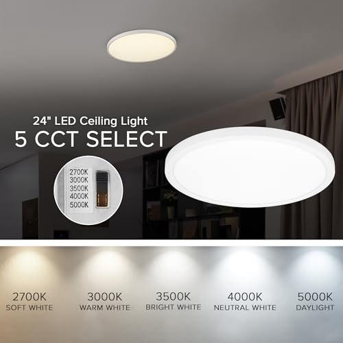 Maxxima 24" White LED Flush Mount Ceiling Light Fixture, 3300 Lumens, 5 CCT | 2700K/3000K/35000K/4000K/5000K, Round Color Selectable Panel Light, Dimmable, Suitable for Bathroom - size: 24 Inch
