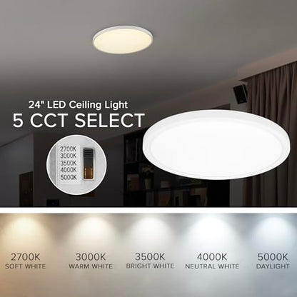 Maxxima 24" White LED Flush Mount Ceiling Light Fixture, 3300 Lumens, 5 CCT | 2700K/3000K/35000K/4000K/5000K, Round Color Selectable Panel Light, Dimmable, Suitable for Bathroom - size: 24 Inch
