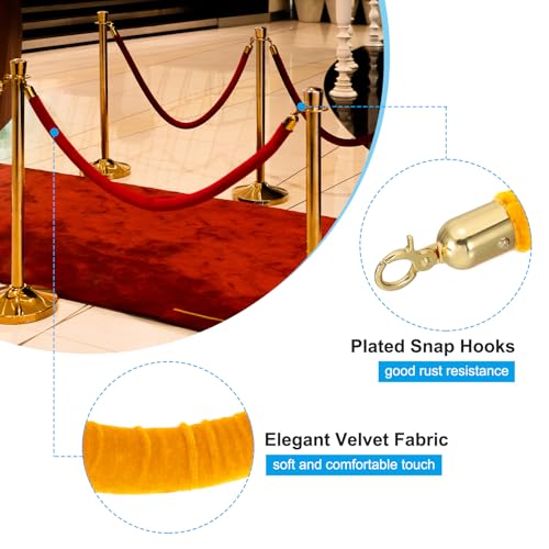 PATIKIL 8 Pack Yellow Velvet Stanchion Rope, 5 Ft Crowd Control Ropes Barrier Hanging Rope with Stainless Steel Gold Plated Hooks for Carpet Events Movie Theaters Opening Activities - color: Yellow/Gold Plated, size: 5 Ft