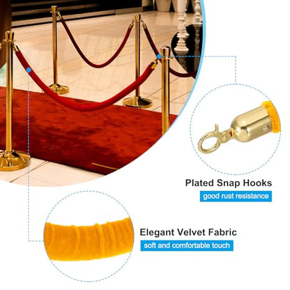 PATIKIL 8 Pack Yellow Velvet Stanchion Rope, 5 Ft Crowd Control Ropes Barrier Hanging Rope with Stainless Steel Gold Plated Hooks for Carpet Events Movie Theaters Opening Activities - color: Yellow/Gold Plated, size: 5 Ft