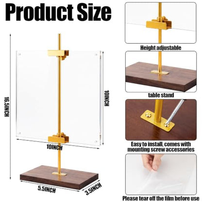 RattanView Adjustable Tabletop Easel Stand with Clear Acrylic Floating Photo Frame Set 16.5" Metal Picture Easel Display Stand for Picture, Art, Photos, Poster, Signs(Gold,Wooden Base) - color: Gold