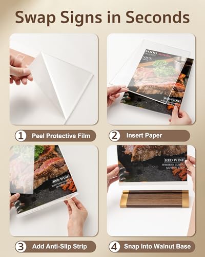 Acrylic Sign Holder 8.5 x 11 Inch with Walnut Wood Base, 1 Pack Clear Table Sign Holders for Tabletop Menu & Flyer Stand, Commercial Table Frames for Restaurant, Office, Coffee, Bar, Wedding, Hotel