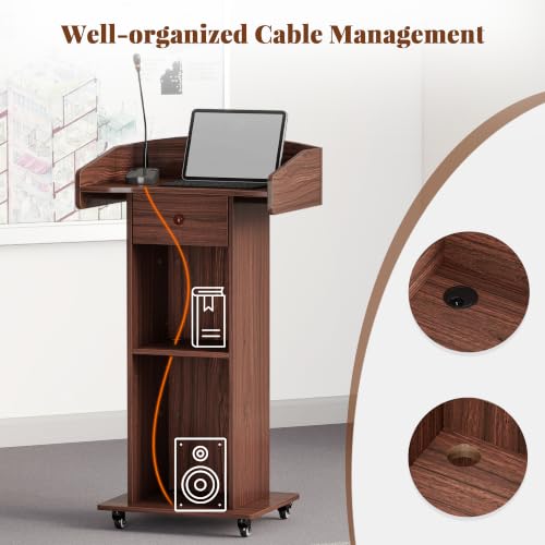 Portable Podium Stand with Metal Wheels Wooden Rolling Lectern Podiums Mobile Pulpit with Drawer Host Stand Reception Desk for Church Office Classroom Conference Restaurant, Brown - color: Brown